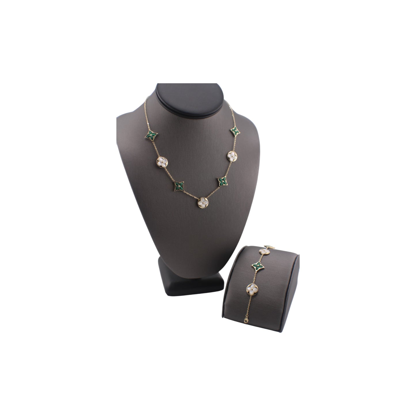 14KT Yellow Solid Gold Fancy Malachite & Mother of Pearl Flower Link Chain
