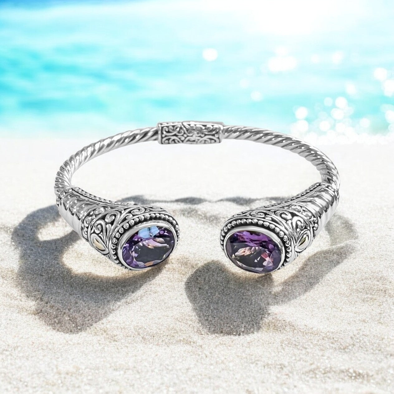 Bali Silver Collection W/ 18KT Amethyst Beaded Element Bali Bangles