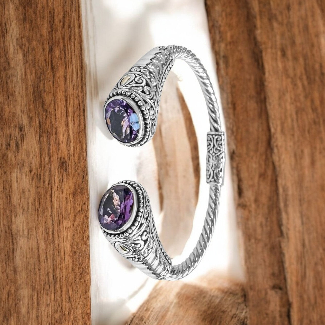 Bali Silver Collection W/ 18KT Amethyst Beaded Element Bali Bangles