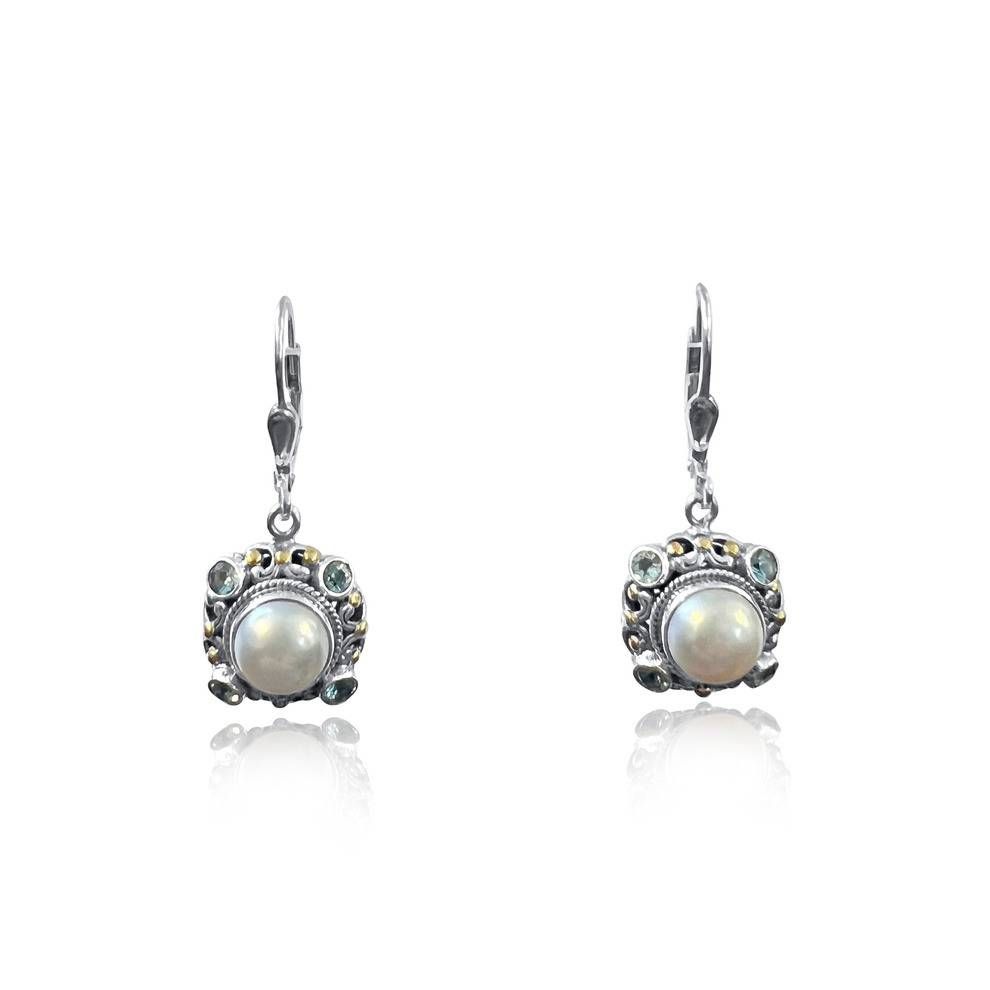 Bali Silver Collection W/18KT Pearl & Blue Topaz Earrings