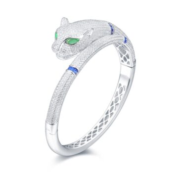 Silver Collection Green-Eye Panther Bangle W/ White & Blue Cz.