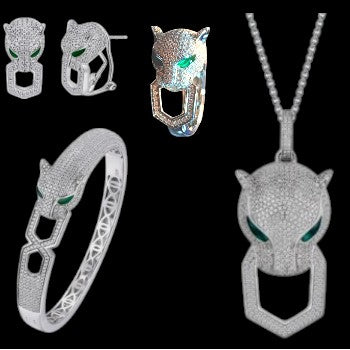 Silver Collection Panther Mouth Bangle W/ White & Green Cz.