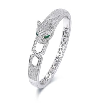 Silver Collection Panther Mouth Bangle W/ White & Green Cz.