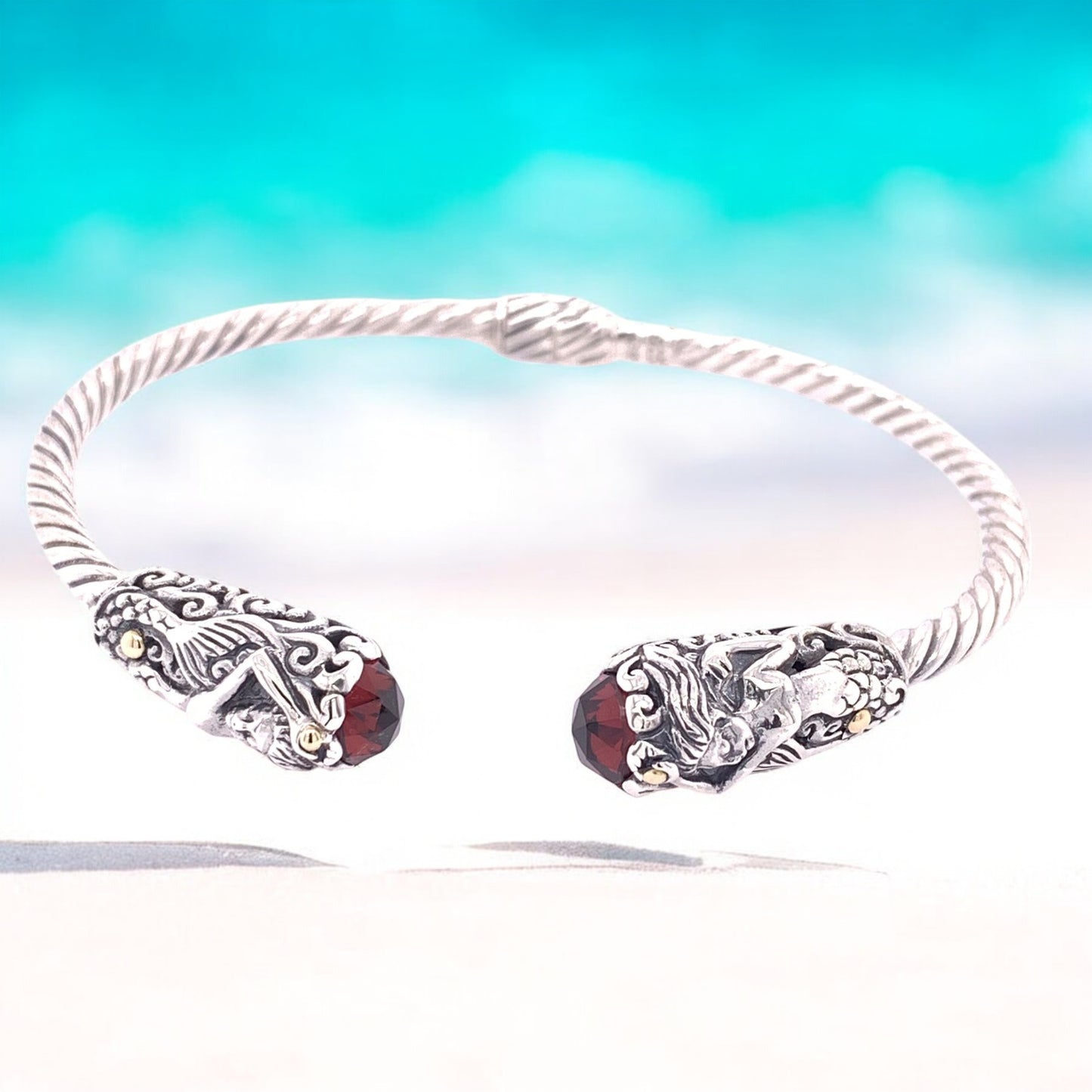 Bali Silver Collection W/ 18KT Garnet Mermaid Bali Bangles