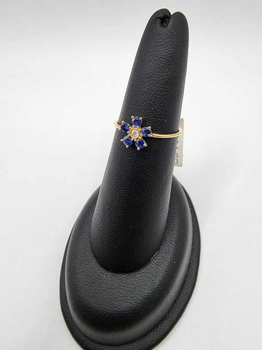 14KT Yellow Gold, Gen Center Sapphire  Flower w/ Diamond