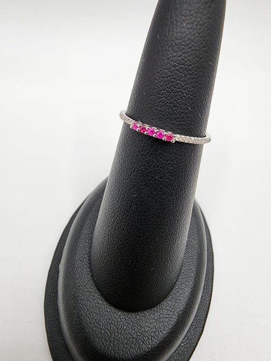 14KT White Gold Gen Ruby & Diamond Thin Stack Ring