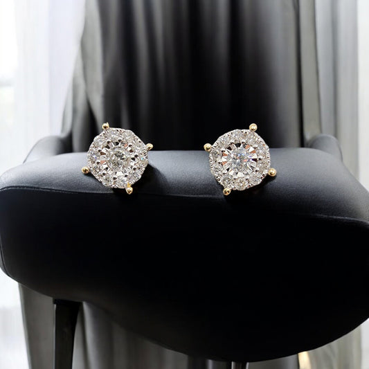 10KT Yellow/White Gold W/ Diamond .50 Illusion Cluster Round Studs Earrings
