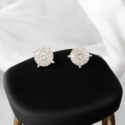 10KT White Gold W/ Diamond 1.35 Cluster Round Studs Earrings