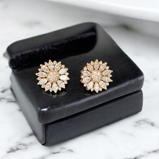 14KT Yellow Gold W/ Diamond 1.8cttw Sunflower Studs Earrings