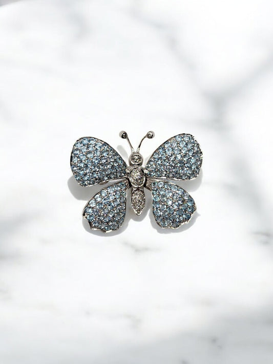 14KT White Gold Butterfly 5.00cttw Aqua& W/0.8cttw Diamonds Pendant