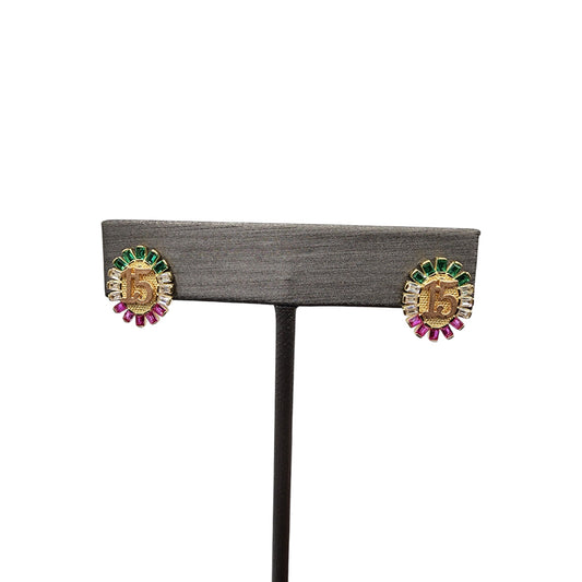 14KT Yellow W/ White-Pink-Green Studs 15th Earrings