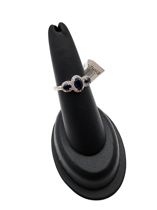 14KT White Gold Gen Oval Sapphire w/ .20 Diamond Ring