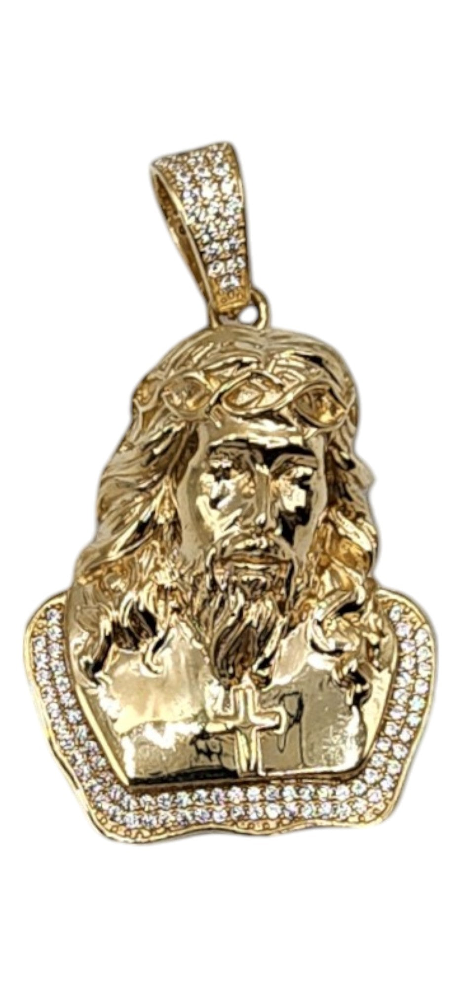 10KT Yellow Gold 52mm Semisolid Jesus W/ White Cz Pendant