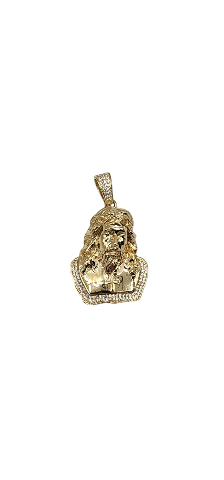 10KT Yellow Gold 52mm Semisolid Jesus W/ White Cz Pendant