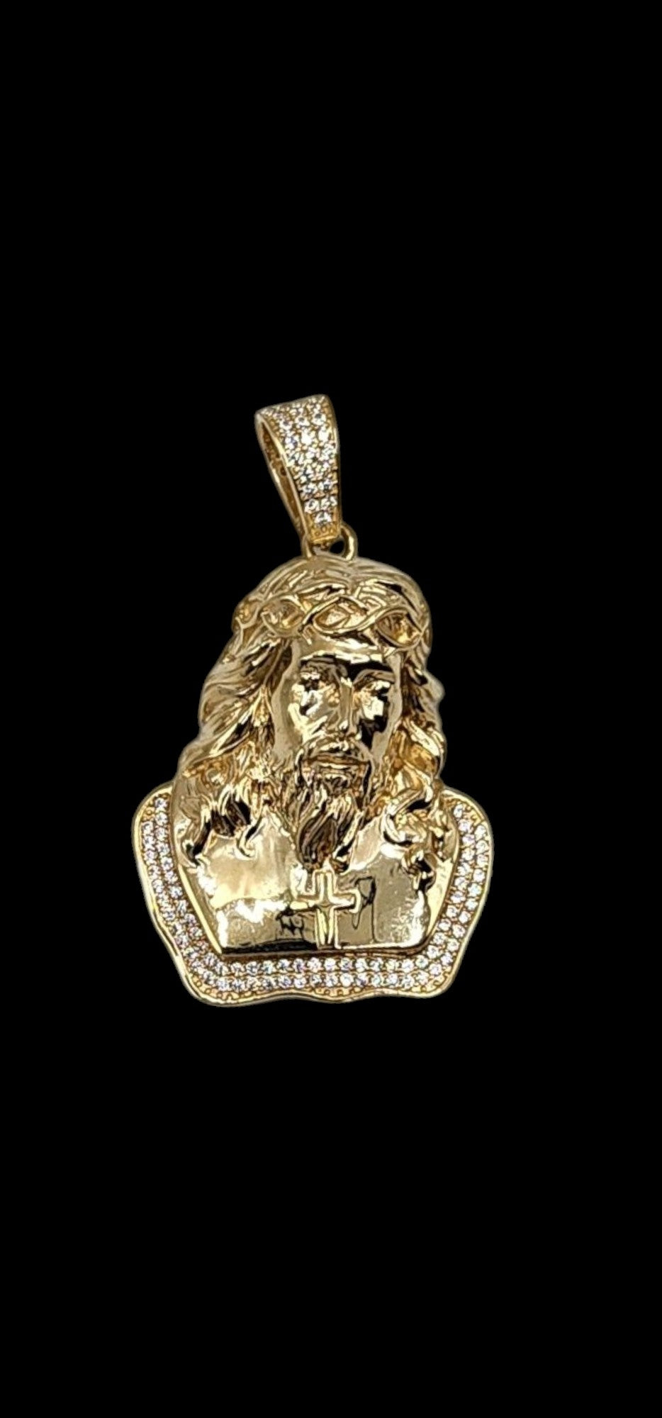 10KT Yellow Gold 52mm Semisolid Jesus W/ White Cz Pendant