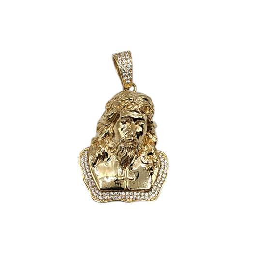 10KT Yellow Gold 52mm Semisolid Jesus W/ White Cz Pendant