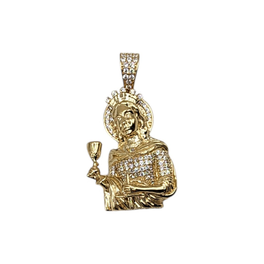 10KT Yellow Gold 40mm Semisolid 6.8g Santa Barbara W/ white & red Cz Pendant