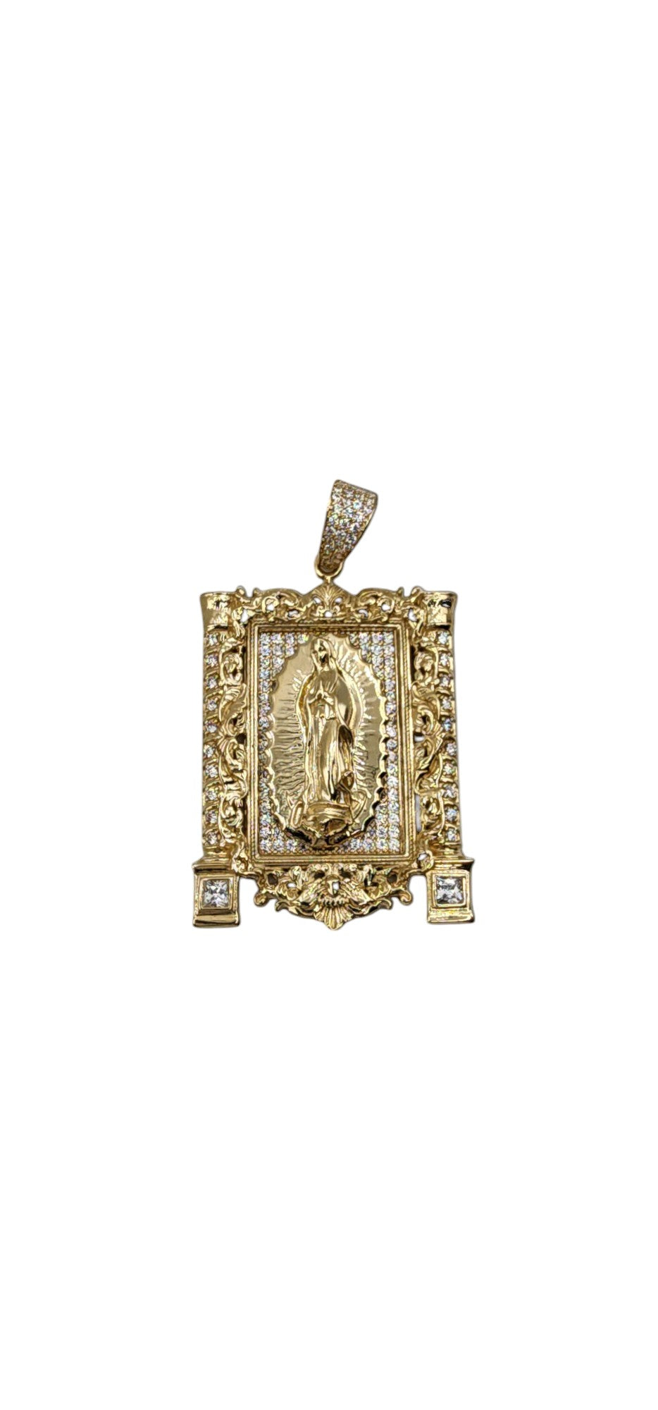 10KT Yellow Gold 63mm Solid 22.3g Guadalupe W/ white Cz Pendant