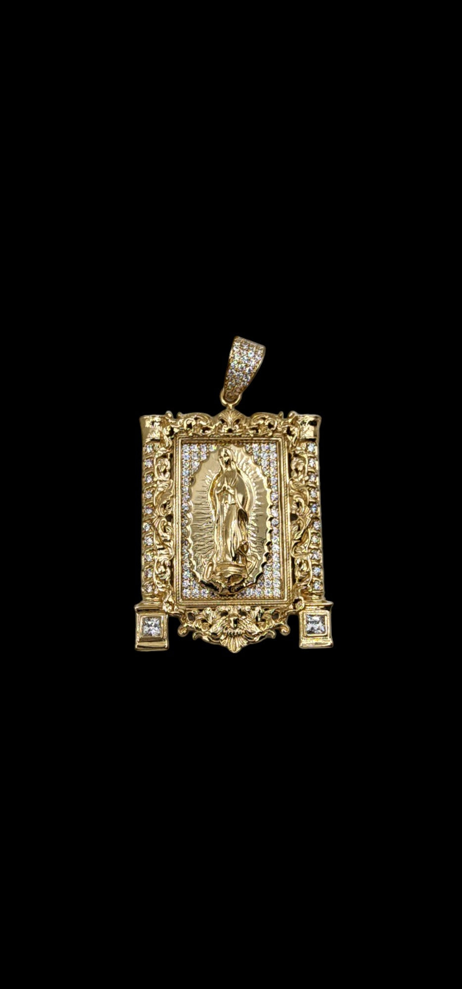 10KT Yellow Gold 63mm Solid 22.3g Guadalupe W/ white Cz Pendant