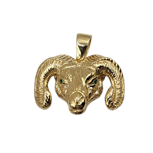 10KT Yellow Gold 7.3g Goat W/Green CZ Pendant 40mm