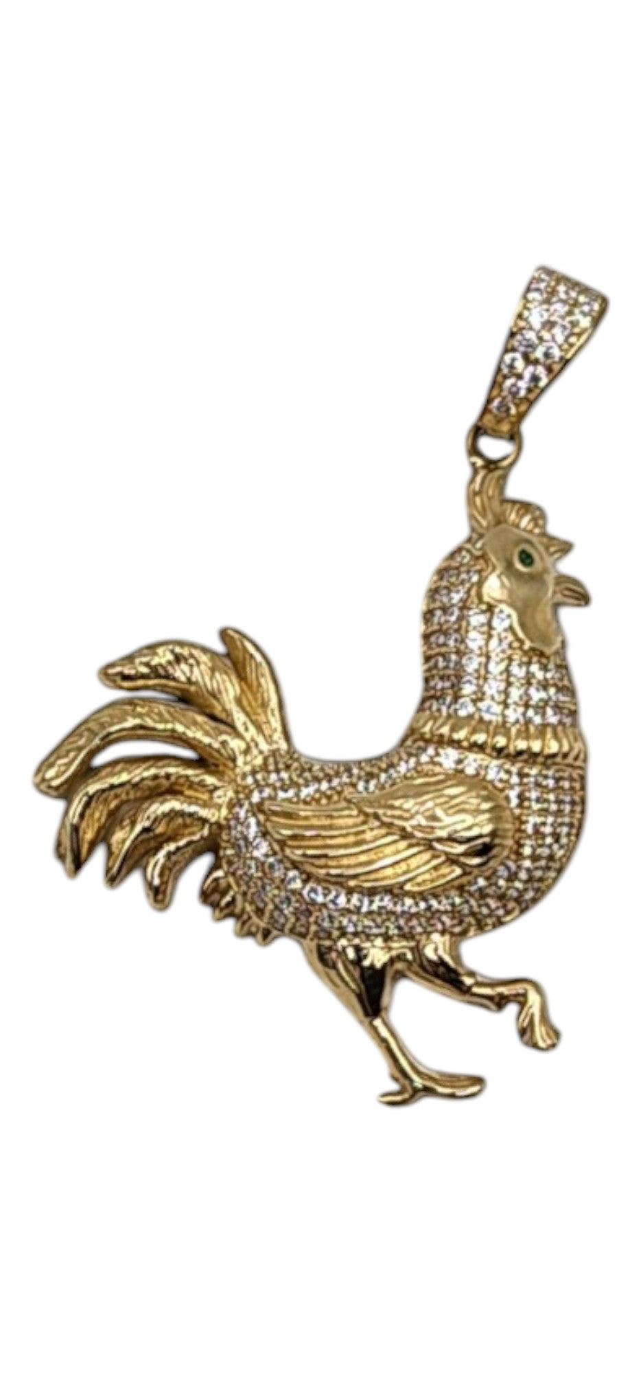 10KT Yellow Gold 5.4g rooster W/Green CZ Pendant 50mm