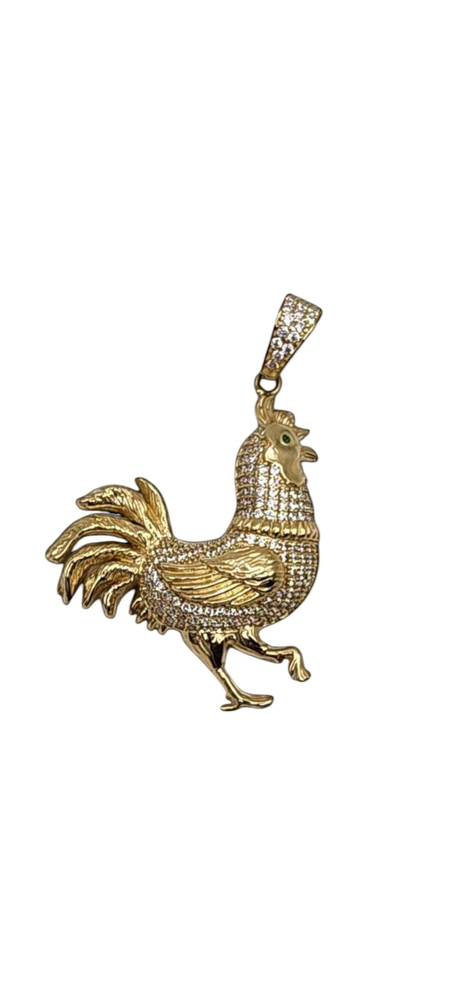 10KT Yellow Gold 5.4g rooster W/Green CZ Pendant 50mm