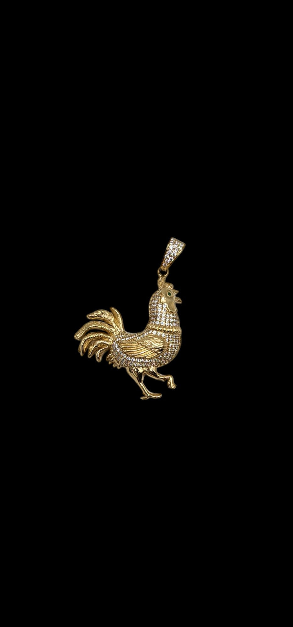 10KT Yellow Gold 5.4g rooster W/Green CZ Pendant 50mm