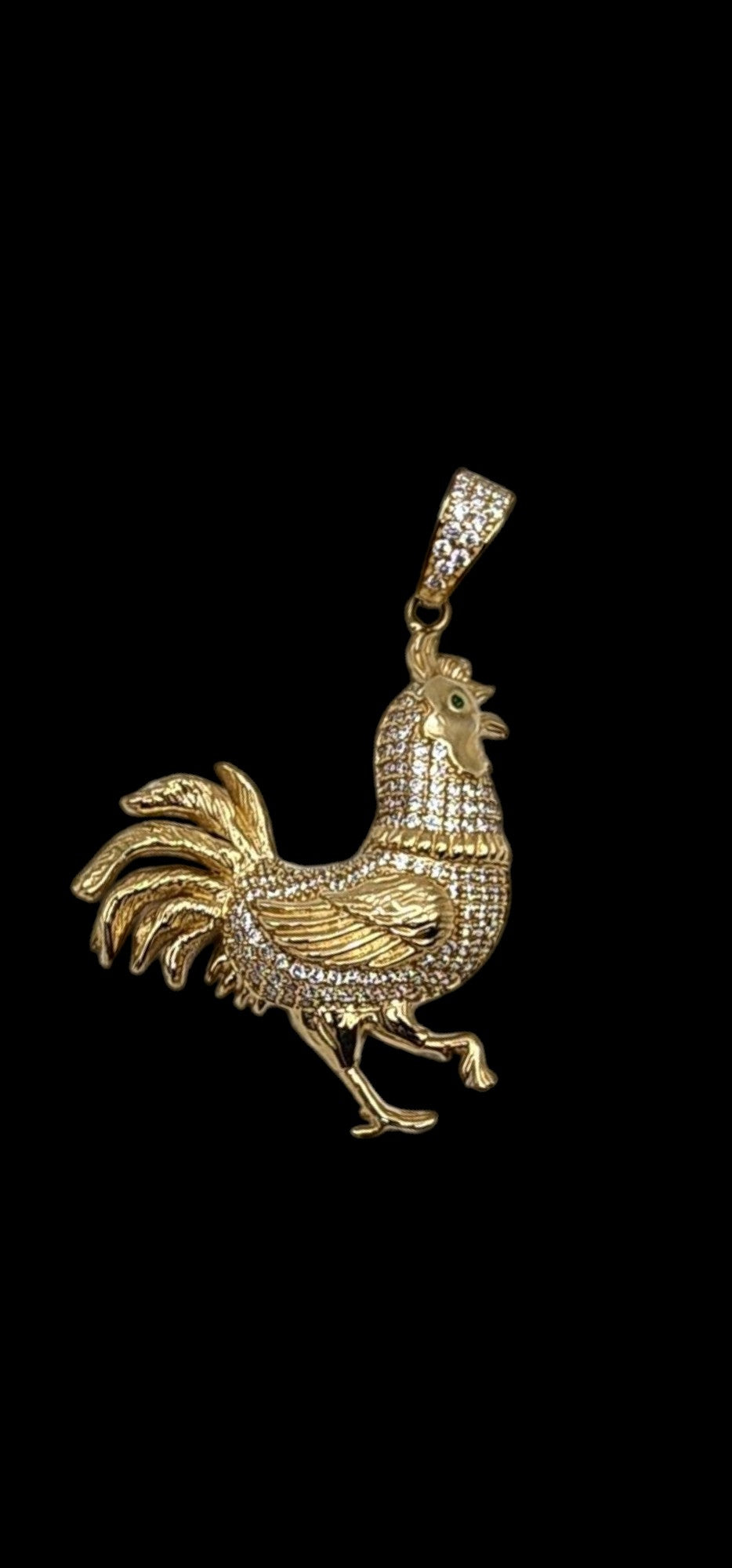 10KT Yellow Gold 5.4g rooster W/Green CZ Pendant 50mm