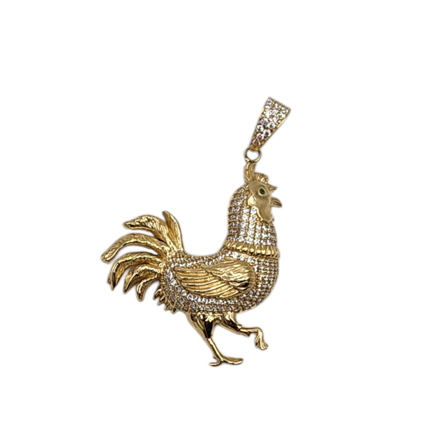 10KT Yellow Gold 5.4g rooster W/Green CZ Pendant 50mm