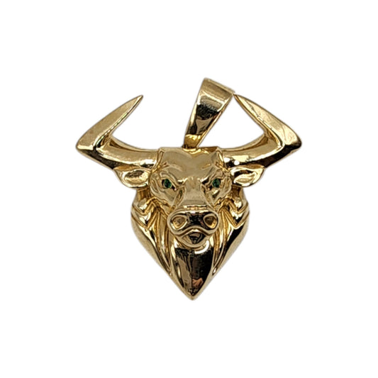 10KT Yellow Gold 6g bull W/Green CZ Pendant 39mm