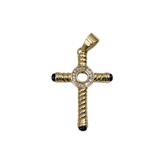 10KT Yellow Gold Fancy Cross 4.3g W/ White Begets Cz & Black Stone 49mm Pendant