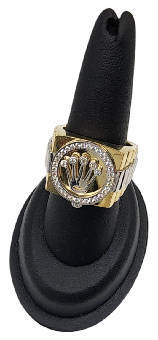 10KT Yellow & White Gold Solid Fancy Watch Crown W/ White Cz Man Ring.