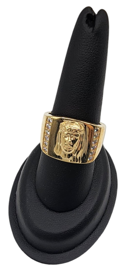 10KT Yellow Gold Semisolid Fancy Christ Head W/ White Cz Man Ring