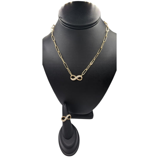 14KT Yellow Gold Set OF Semisolid & Paper Clip Chain W/ Infinite Pendant white Cz & Ring