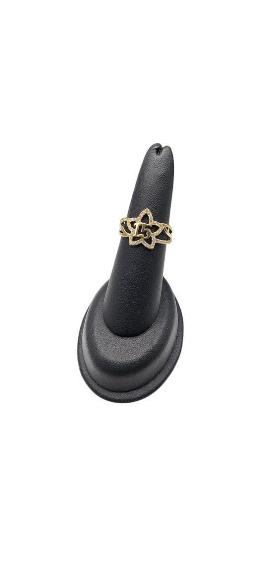 14KT Yellow Gold White Cz Fancy Star 15 Years Design Ring