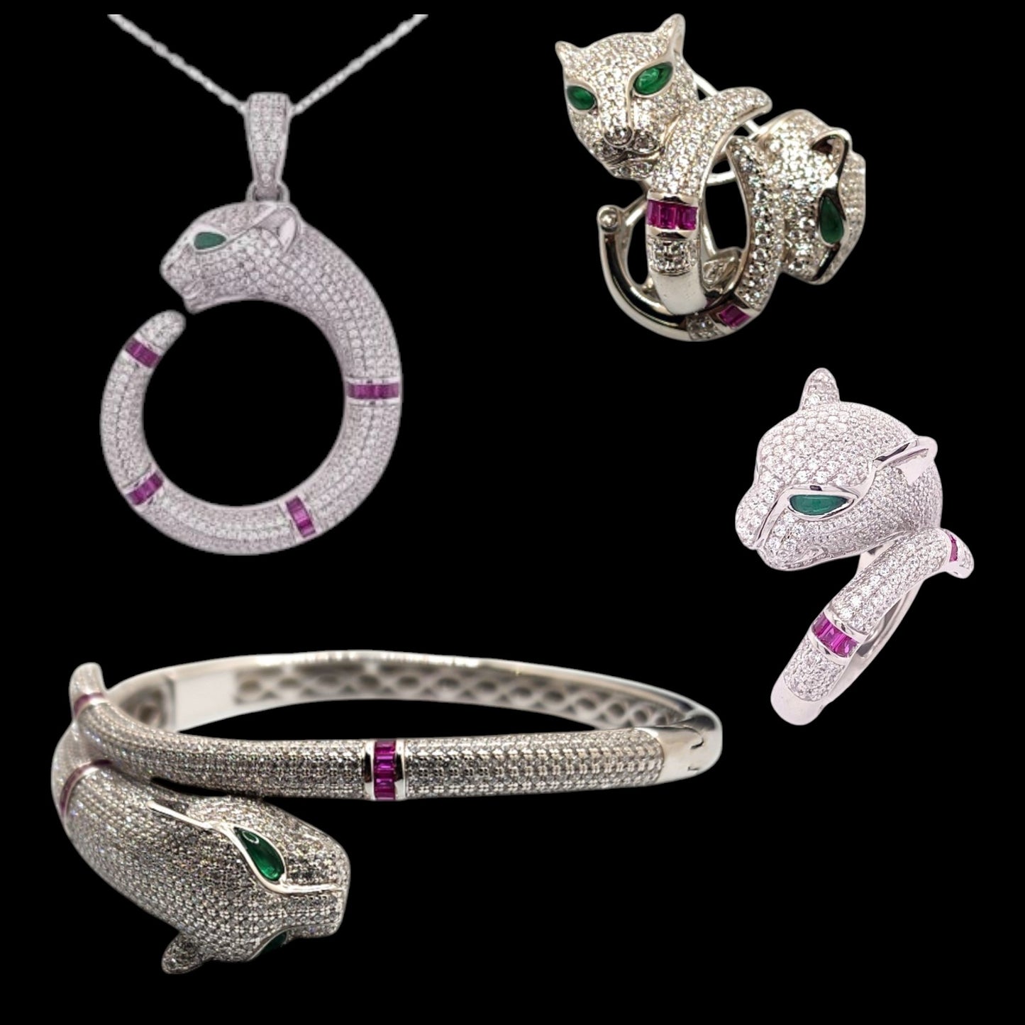 Silver Collection Green-Eye Panther Bangle W/ White & Pink Cz.