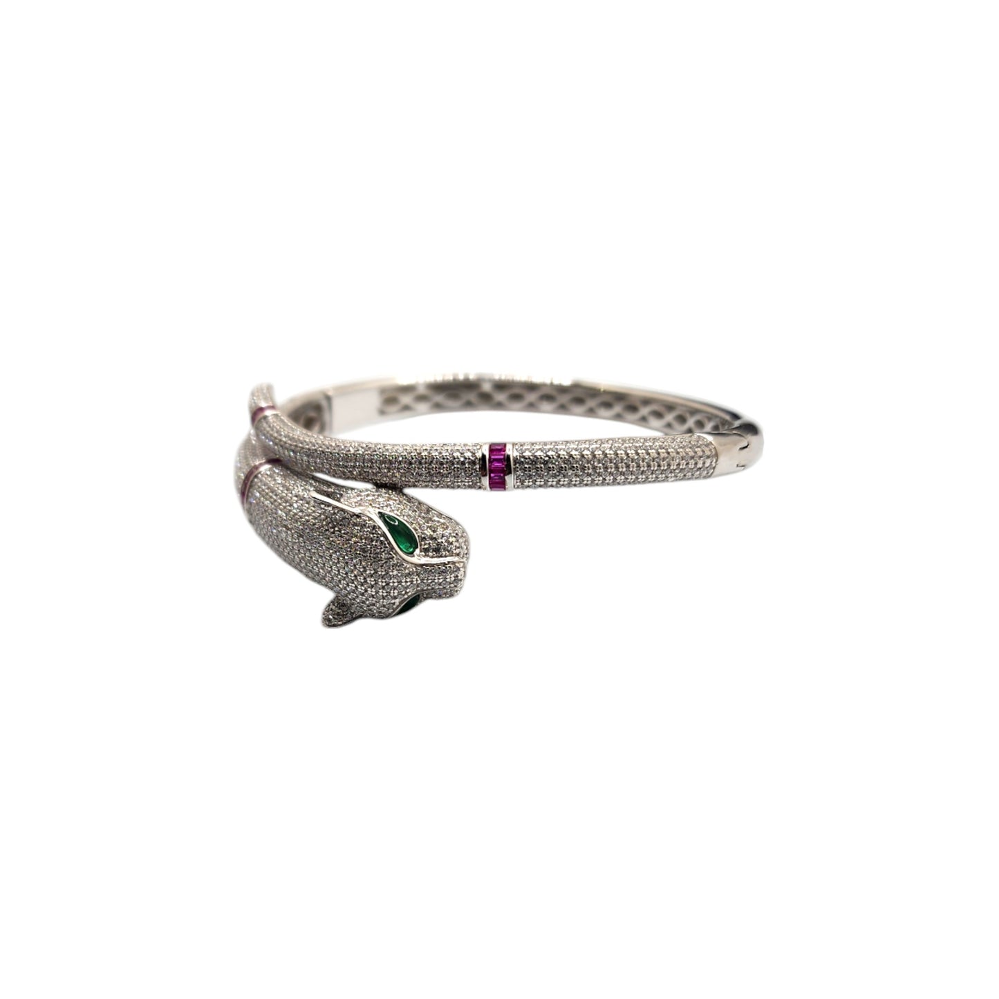 Silver Collection Green-Eye Panther Bangle W/ White & Pink Cz.