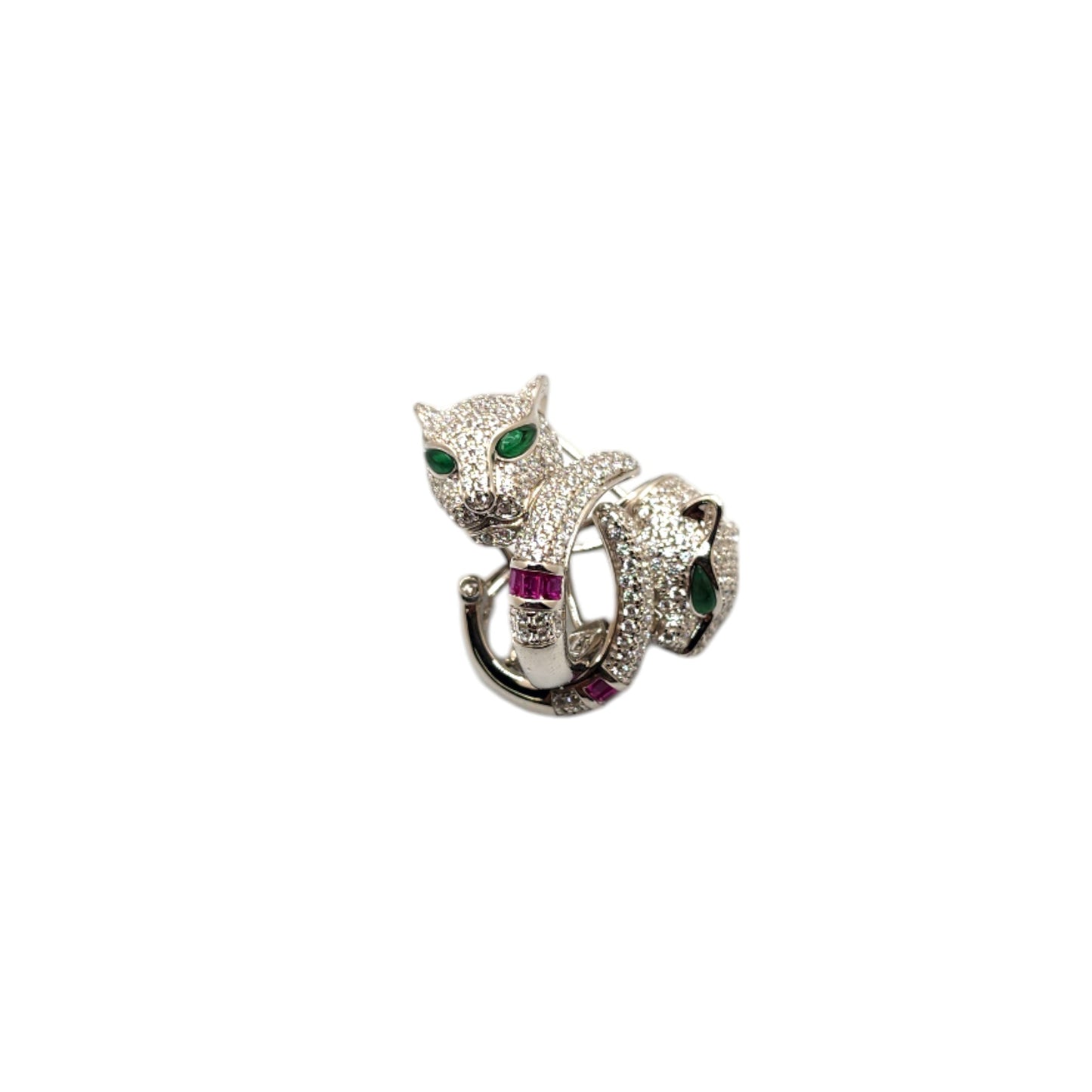 Silver Collection Green-Eye Panther Bangle W/ White & Pink Cz.