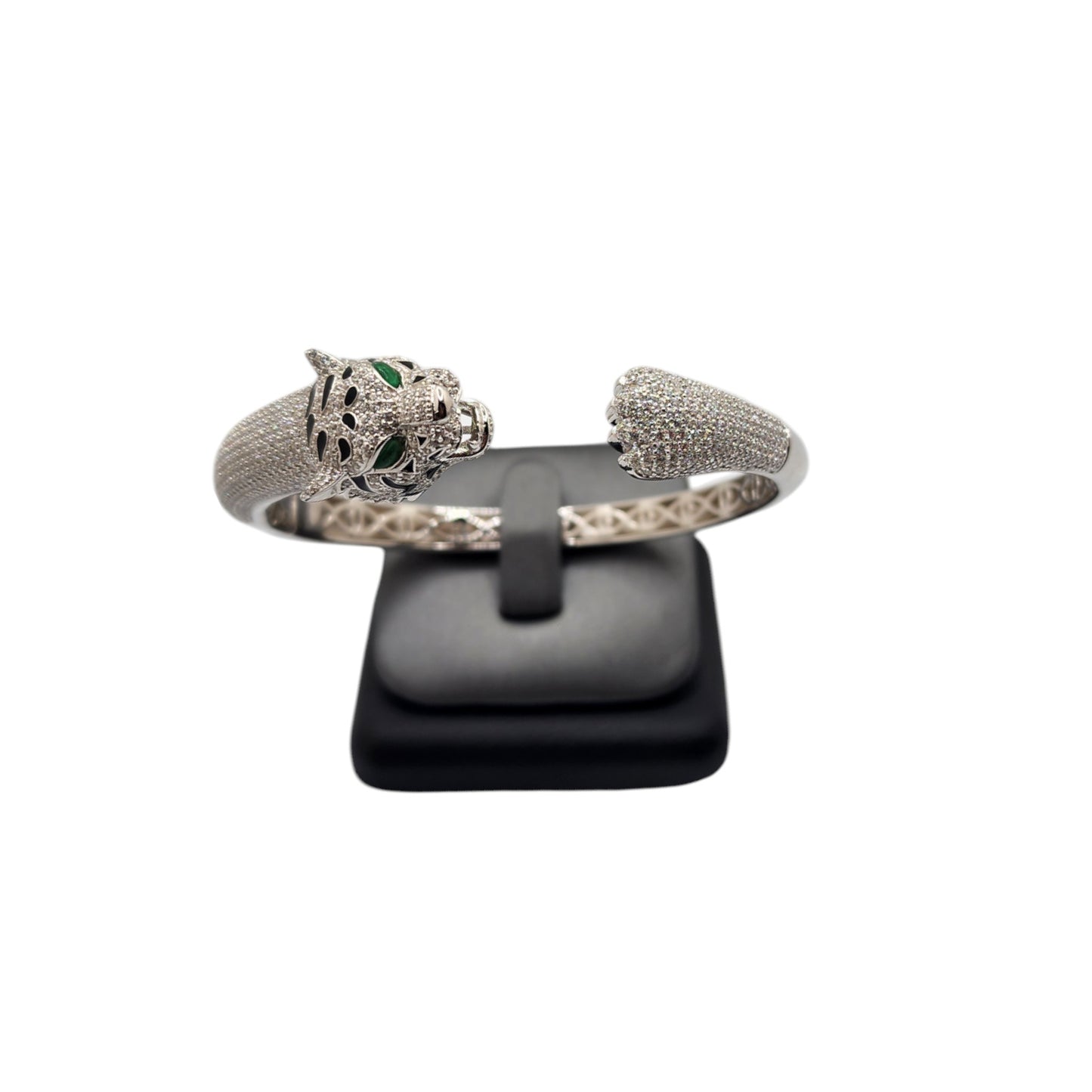 Silver Collection Green-Eye Tiger Bangle W/ White Cz & Black Enamel