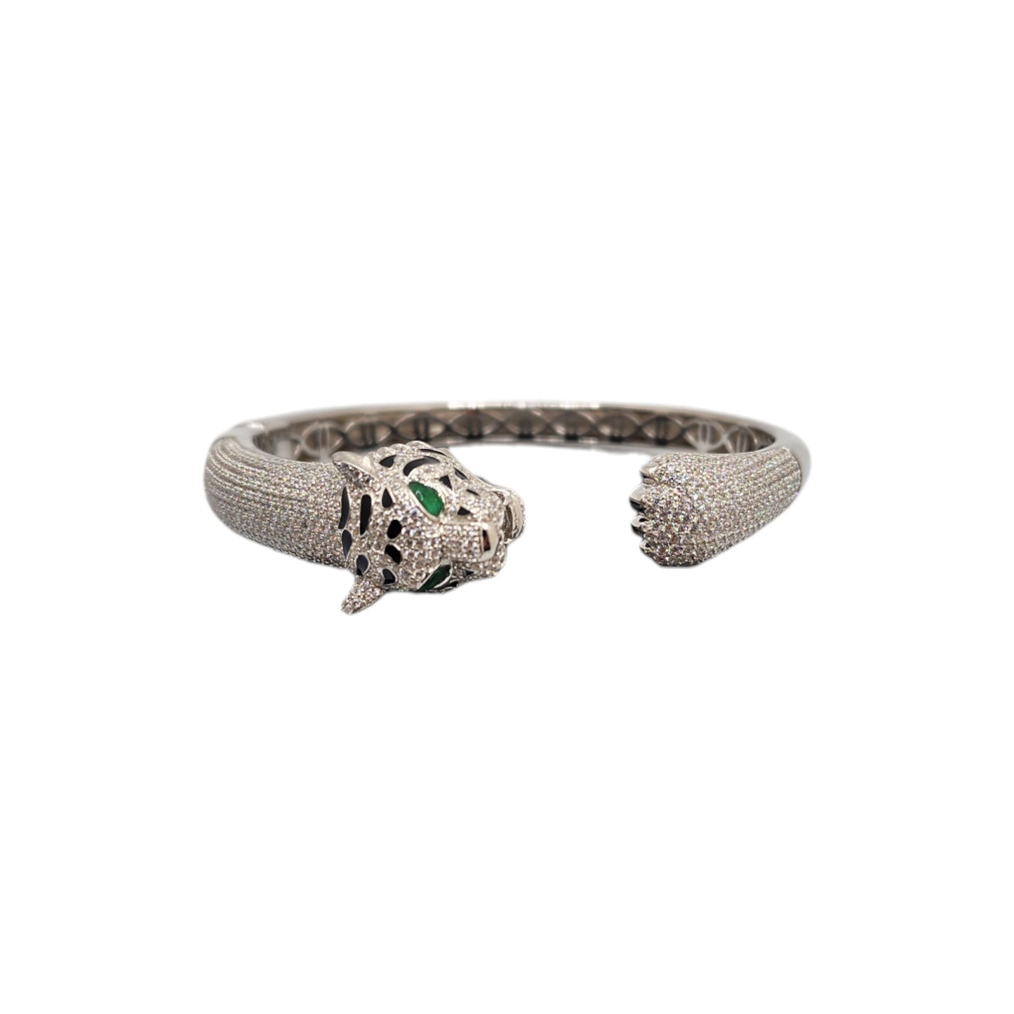 Silver Collection Green-Eye Tiger Bangle W/ White Cz & Black Enamel