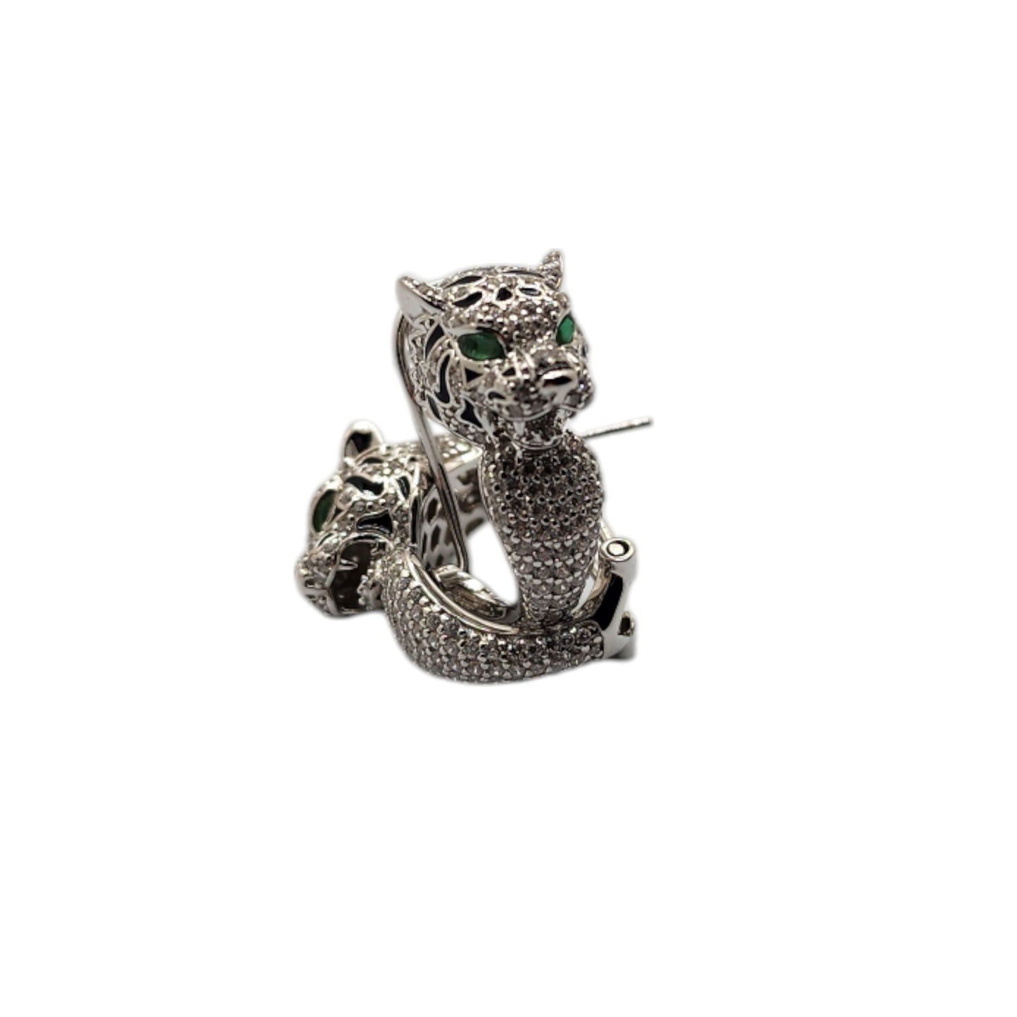 Silver Collection Green-Eye Tiger Bangle W/ White Cz & Black Enamel