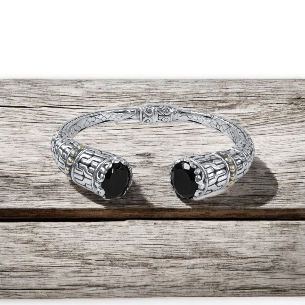 Bali Silver Collection W/ 18KT Curvy Halo Onyx Bali Bangles