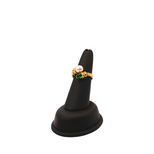 18KT Yellow Gold 0.75cttw Gen Emerald W/ White Diamond & FWPearl Ring