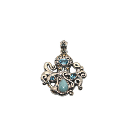 Bali Silver Collection Pendants W/18KT Larimar & Bl Topaz Octopus