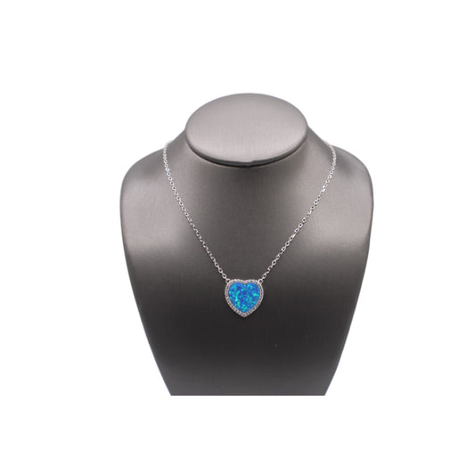 Silver Pendants Collection Blue Opal Heart W/ White Cz