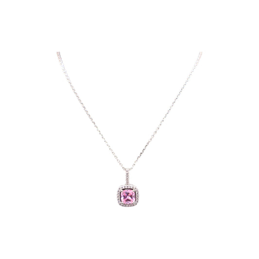 Silver Pendants Collection Chain 18" Square Design W/ Pink Cz