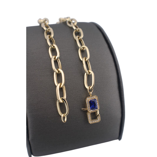 14KT Yellow Gold Fancy 7'' Semisolid Paper Clip Bracelets 7.1g 7mm Lobster Lock W/ Blue & White Cz