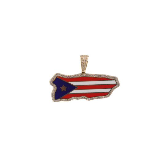 14KT Yellow Solid Gold W/ White Cz Puerto Rico Flag 30.mm Pendant