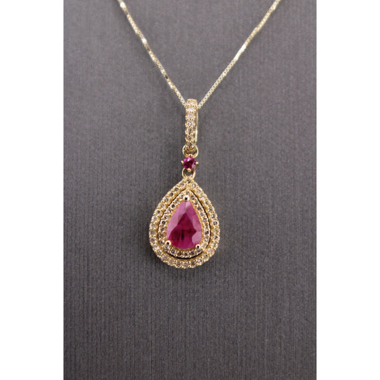 14KT Yellow Gold W/White .20cttw Diamond & Ruby Teardrop And Chain 18"