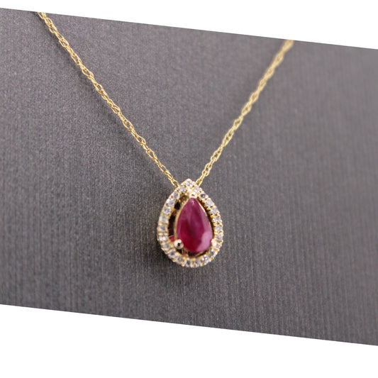 14KT Yellow Gold W/Gem & Diamond Halo Teardrop And Chain 18"